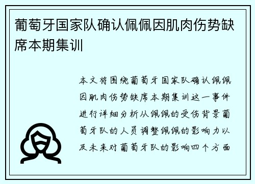 葡萄牙国家队确认佩佩因肌肉伤势缺席本期集训