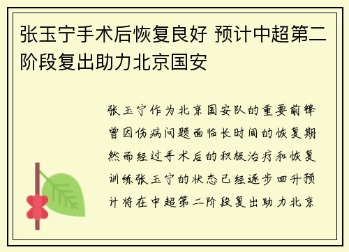 张玉宁手术后恢复良好 预计中超第二阶段复出助力北京国安